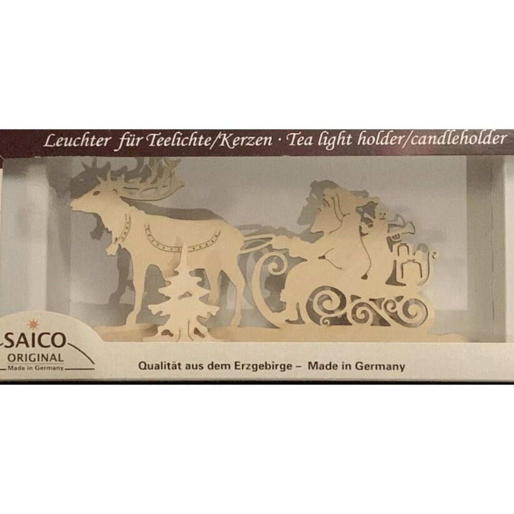 Saico Original Santa With Reindeer Wooden Tea light Candleholder Made in Germany